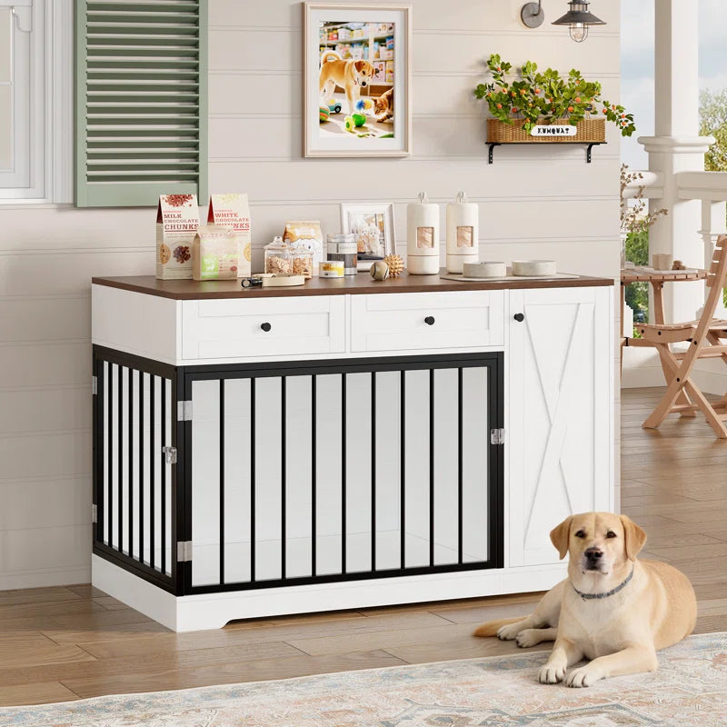 Ansel 47.2" Dog Kennel Console Table | Wooden Crate Furniture with 2 Storage Drawers & Feed Cabinet