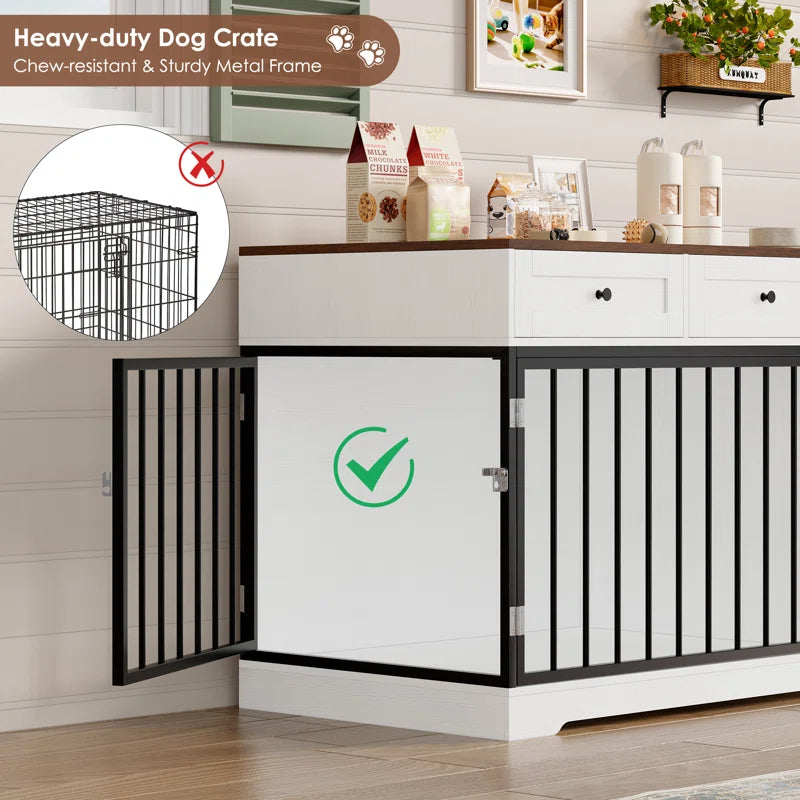 Ansel 47.2" Dog Kennel Console Table | Wooden Crate Furniture with 2 Storage Drawers & Feed Cabinet