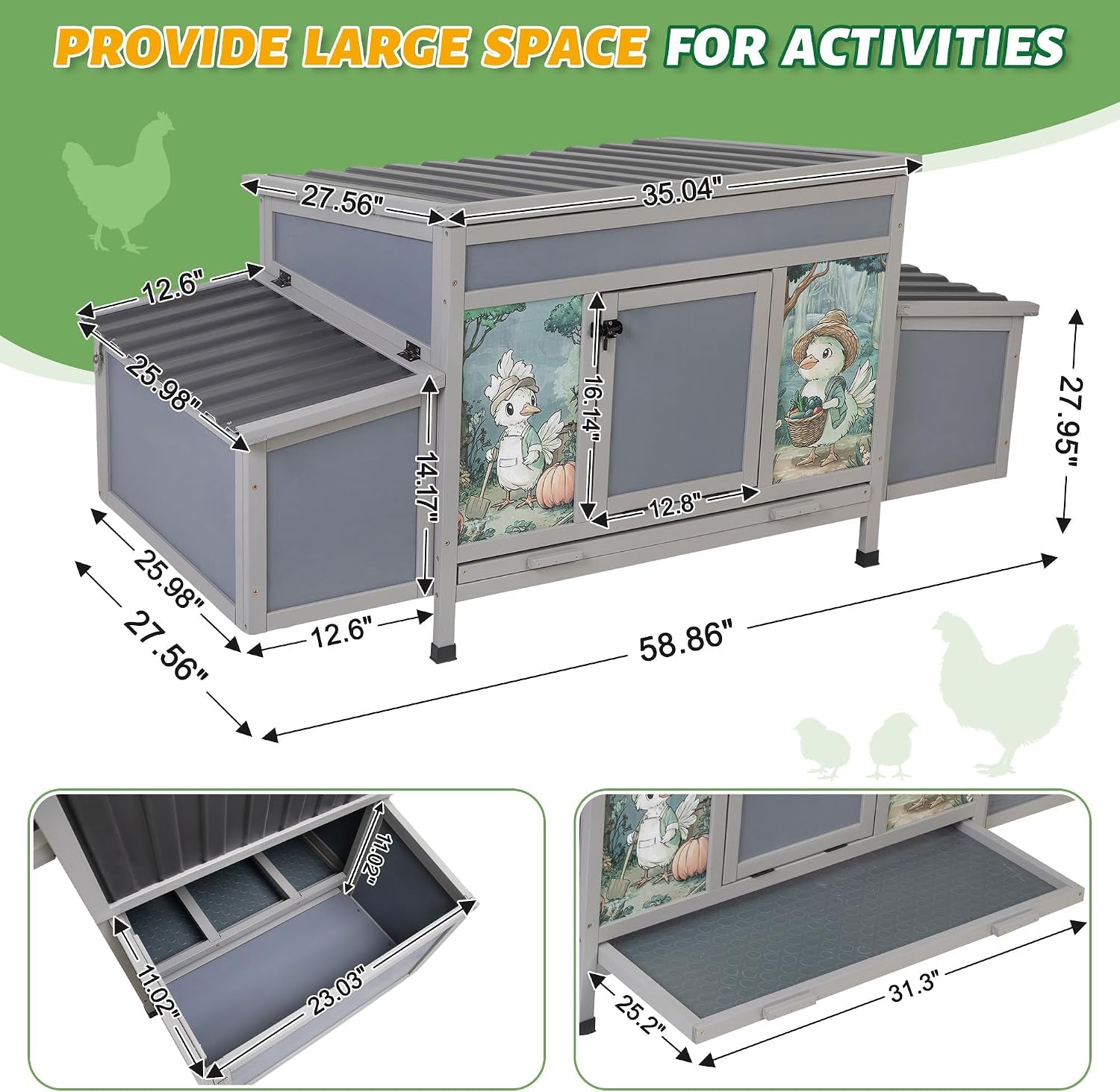 Wooden Chicken Coop with Nesting Boxes, 59'' Large Outdoor Poultry Hutch for Backyard, Weatherproof Hen House with Easy-Clean Tray, Ventilated Chicken Cage for Ducks & Rabbits, Gray