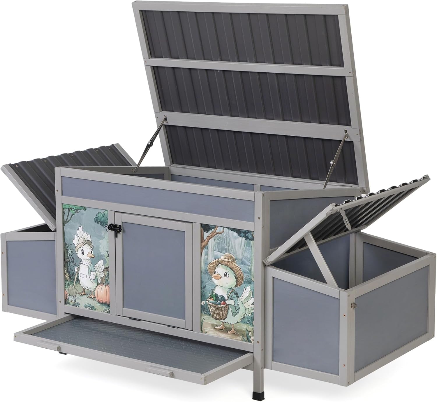 Wooden Chicken Coop with Nesting Boxes, 59'' Large Outdoor Poultry Hutch for Backyard, Weatherproof Hen House with Easy-Clean Tray, Ventilated Chicken Cage for Ducks & Rabbits, Gray