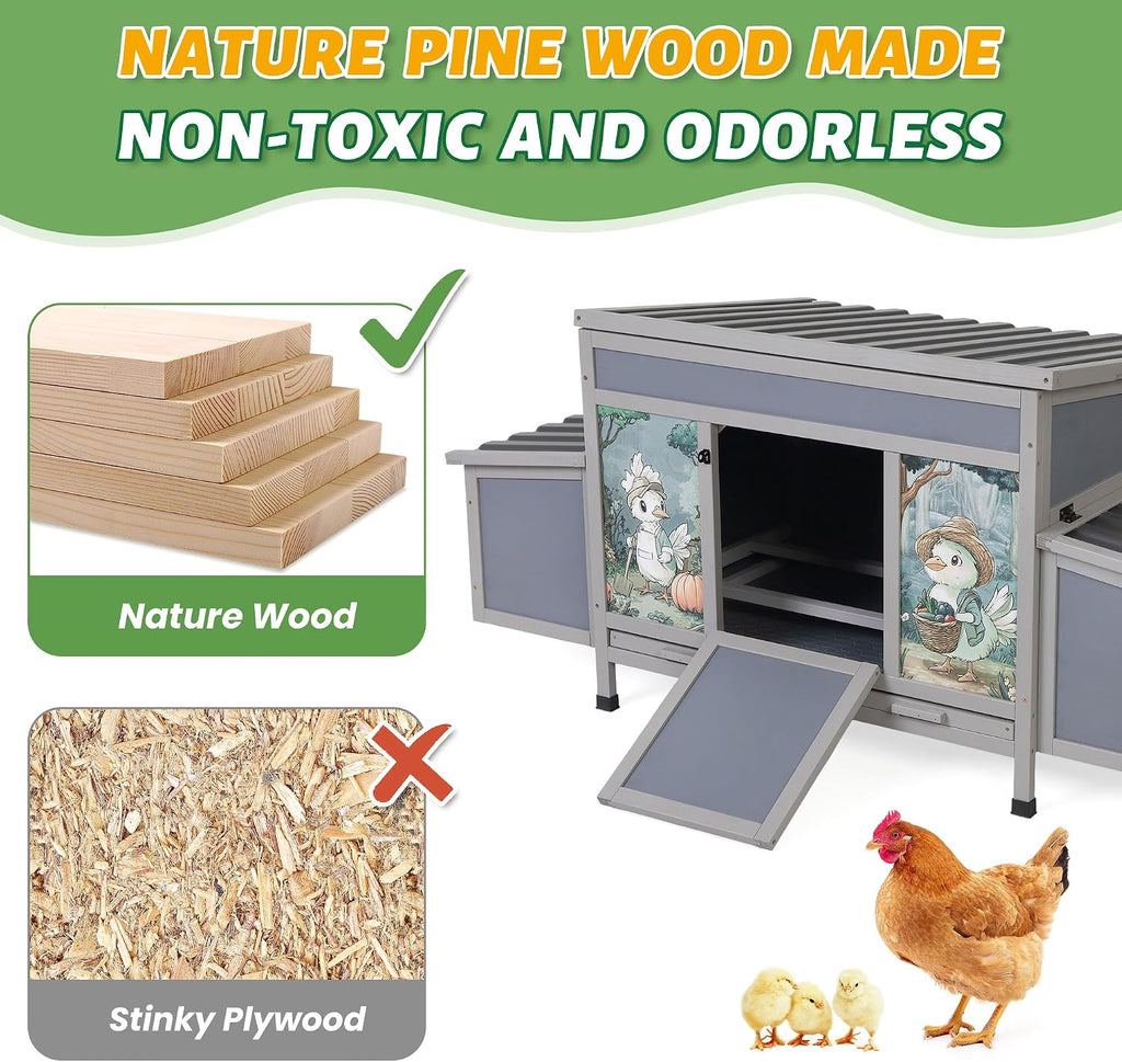 Wooden Chicken Coop with Nesting Boxes, 59'' Large Outdoor Poultry Hutch for Backyard, Weatherproof Hen House with Easy-Clean Tray, Ventilated Chicken Cage for Ducks & Rabbits, Gray