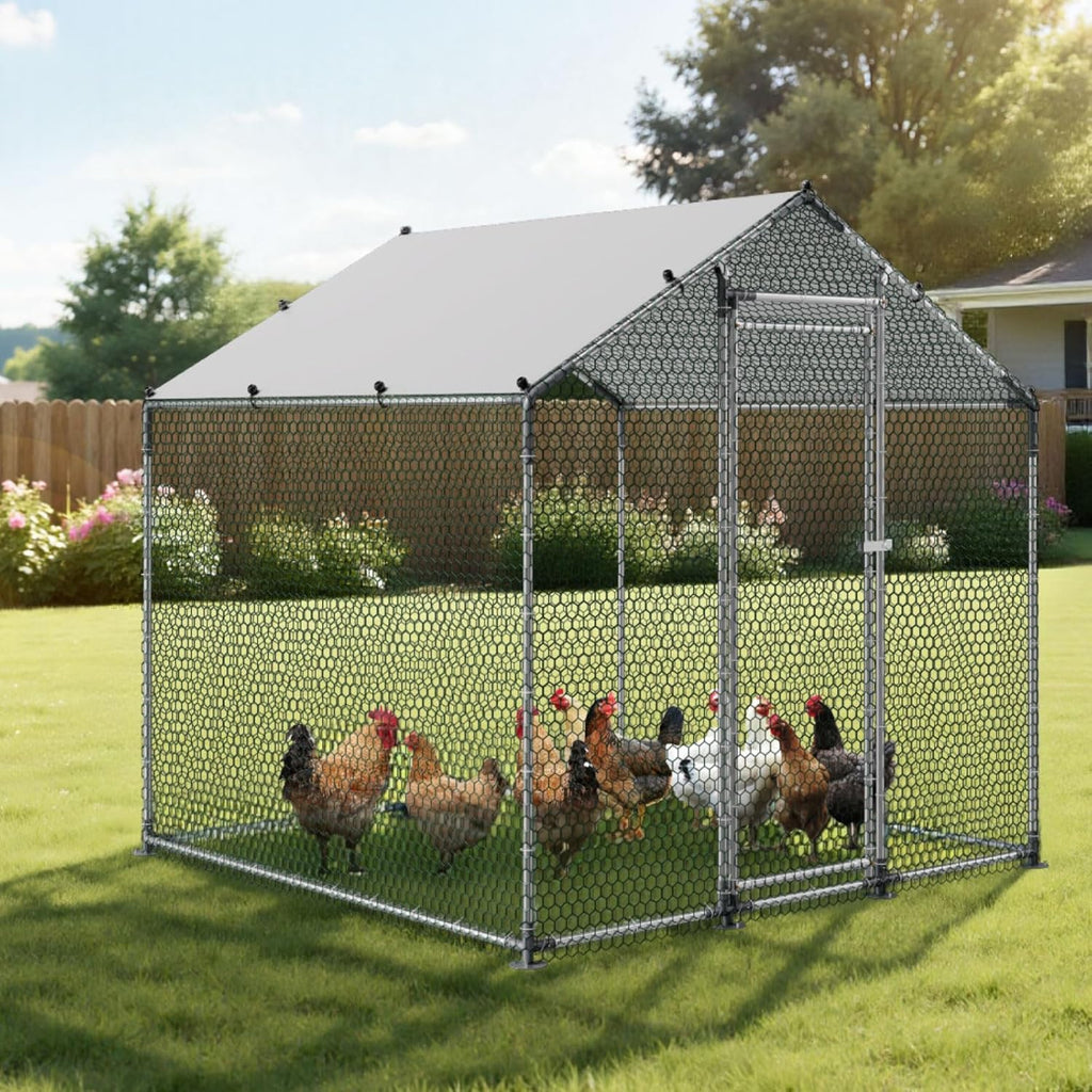 Metal Chicken Coop, 6.56X6.56X6.56Ft Large Walk-In Chicken Runs with Cover, Spire Roof Hen House Enclosure with Security Lock, Outdoor Duck Rabbit Cage Poultry Pen for Backyard, Farm, Yard
