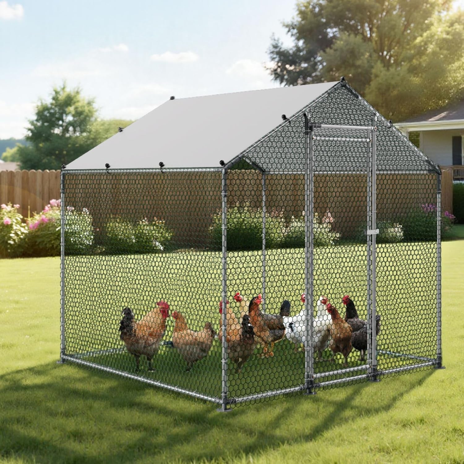 Metal Chicken Coop, 6.56X6.56X6.56Ft Large Walk-In Chicken Runs with Cover, Spire Roof Hen House Enclosure with Security Lock, Outdoor Duck Rabbit Cage Poultry Pen for Backyard, Farm, Yard