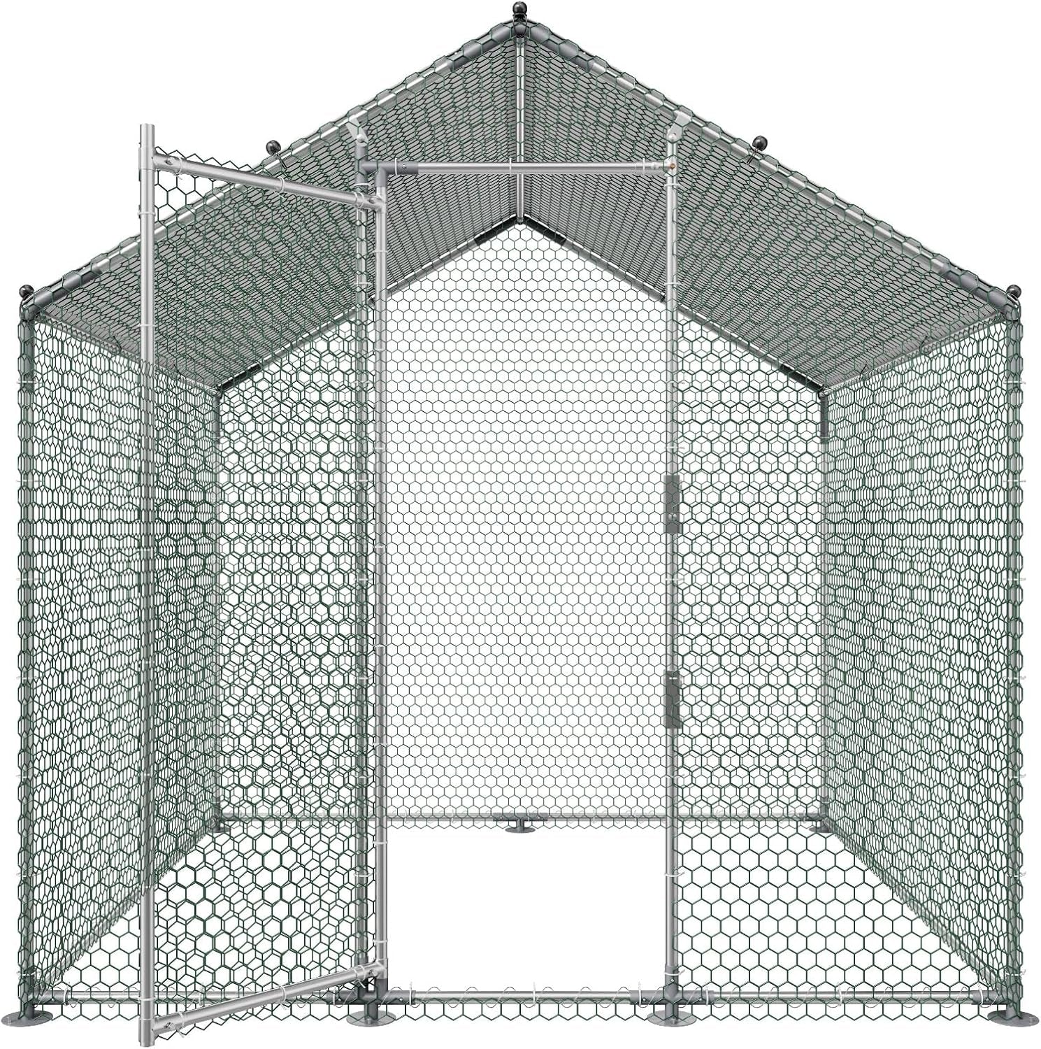 Metal Chicken Coop, 6.56X6.56X6.56Ft Large Walk-In Chicken Runs with Cover, Spire Roof Hen House Enclosure with Security Lock, Outdoor Duck Rabbit Cage Poultry Pen for Backyard, Farm, Yard