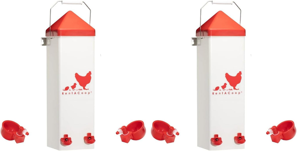 2 Gallon Chicken Waterer with Auto-Fill Cups, Horizontal Nipples, Anti-Roost Cone and Mounting Kit - Suitable for Chickens, Quail, Ducks, Geese, Turkey and More (Pack of 2)