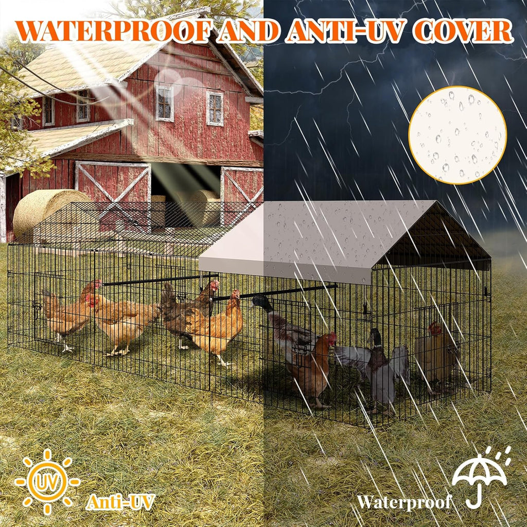 Metal Chicken Coop with Waterproof & Anti-Uv Cover, Portable Chicken Run for Yard, Poultry Cage Hen House for Backyard Farm Use, 130 in L X 40 in W X 40 in H