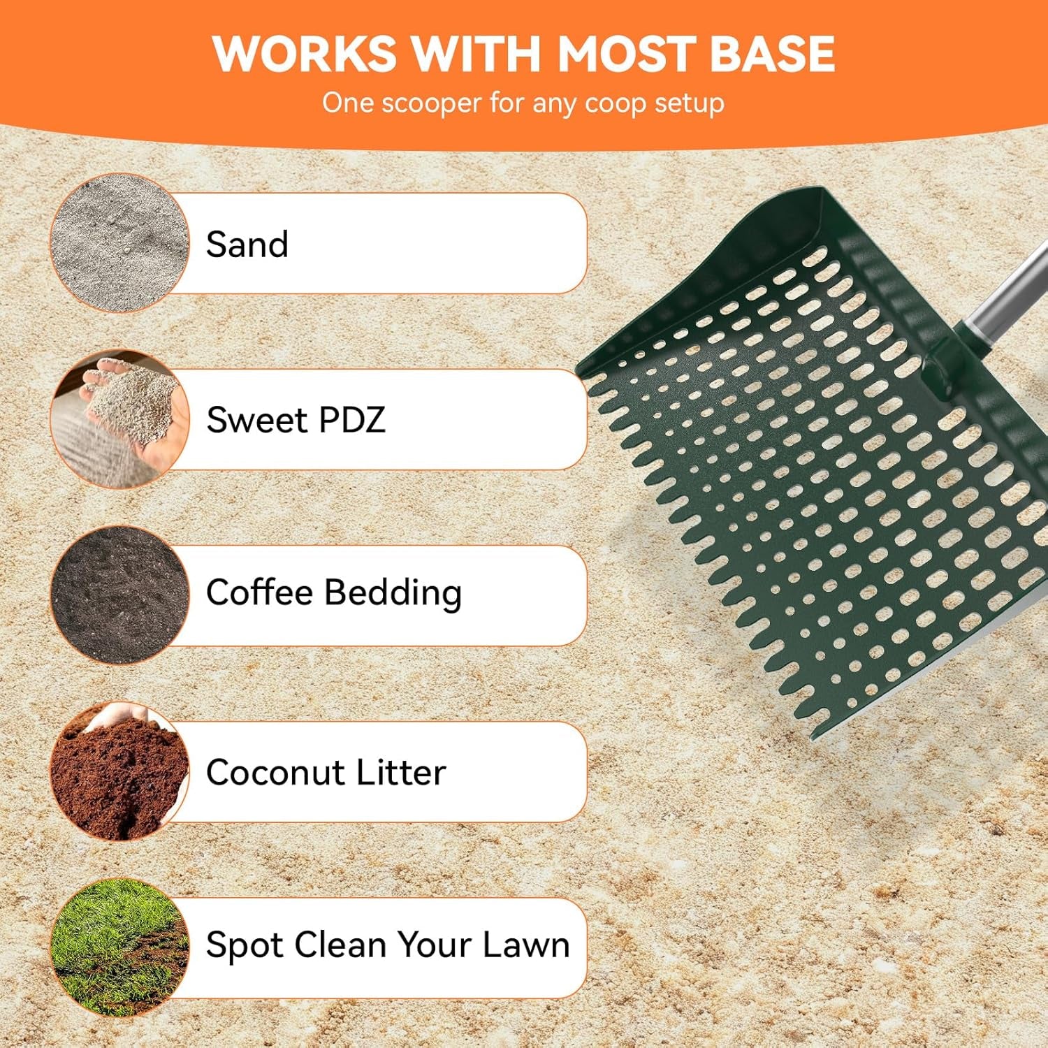 Chicken Poop Scooper & Rake 2-In-1, Chicken Coop Accessories with 13In Wider PP Head & Adjustable Stainless Steel Handle, 33''-69'' Pooper Scooper Sand Sifting Shovel Litter for Small Farm Animals