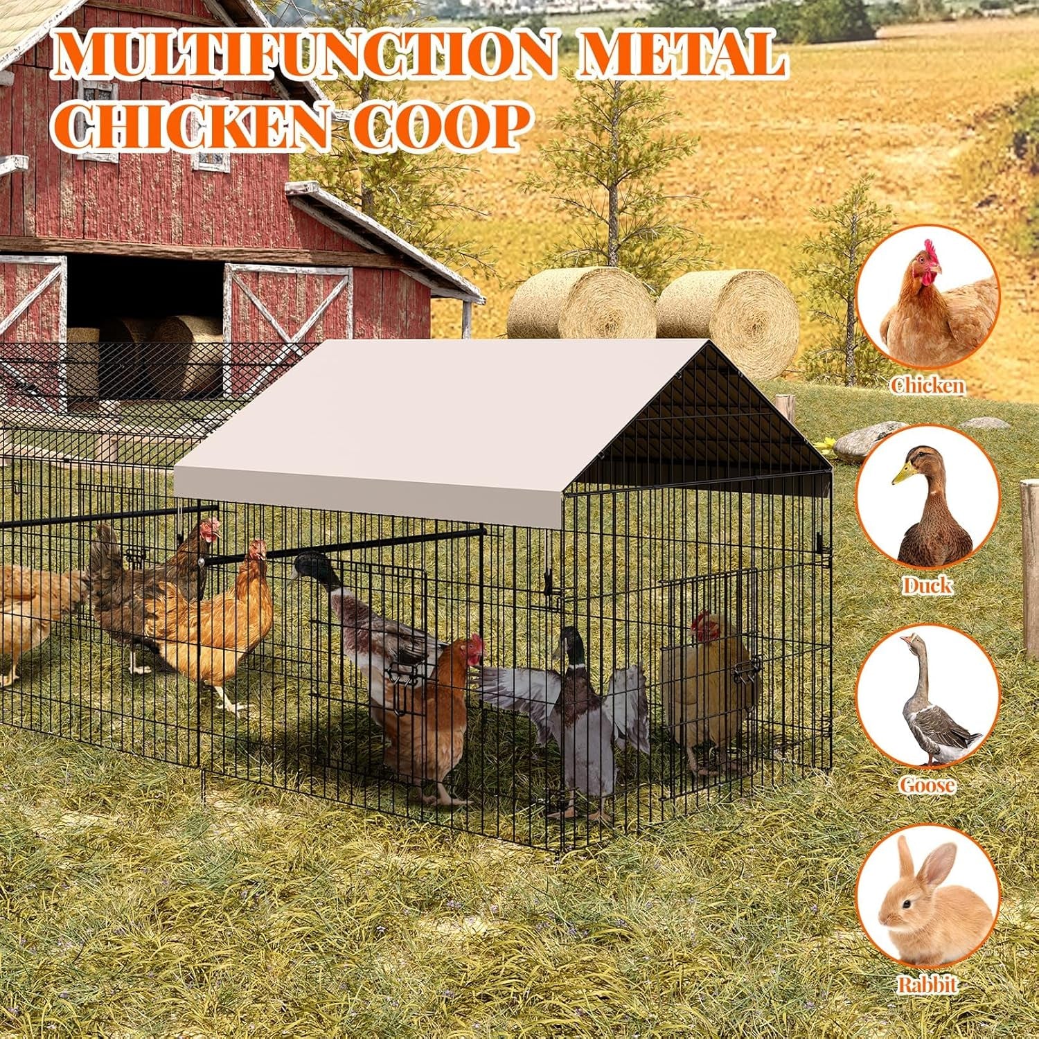 Metal Chicken Coop with Waterproof & Anti-Uv Cover, Portable Chicken Run for Yard, Poultry Cage Hen House for Backyard Farm Use, 130 in L X 40 in W X 40 in H