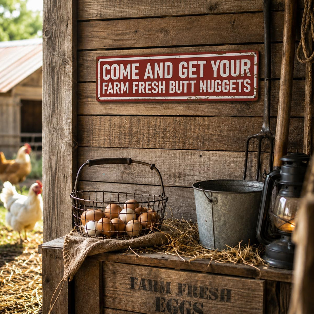 Rustic Farmhouse Style Chicken Coop Sign, Metal Outdoor Chicken House Signs, Farm Fresh Butt Nuggets Signs, Retro Metal Tin Sign, Farmhouse Decor, Backyard Hen House Gift 15.8X4 Inch