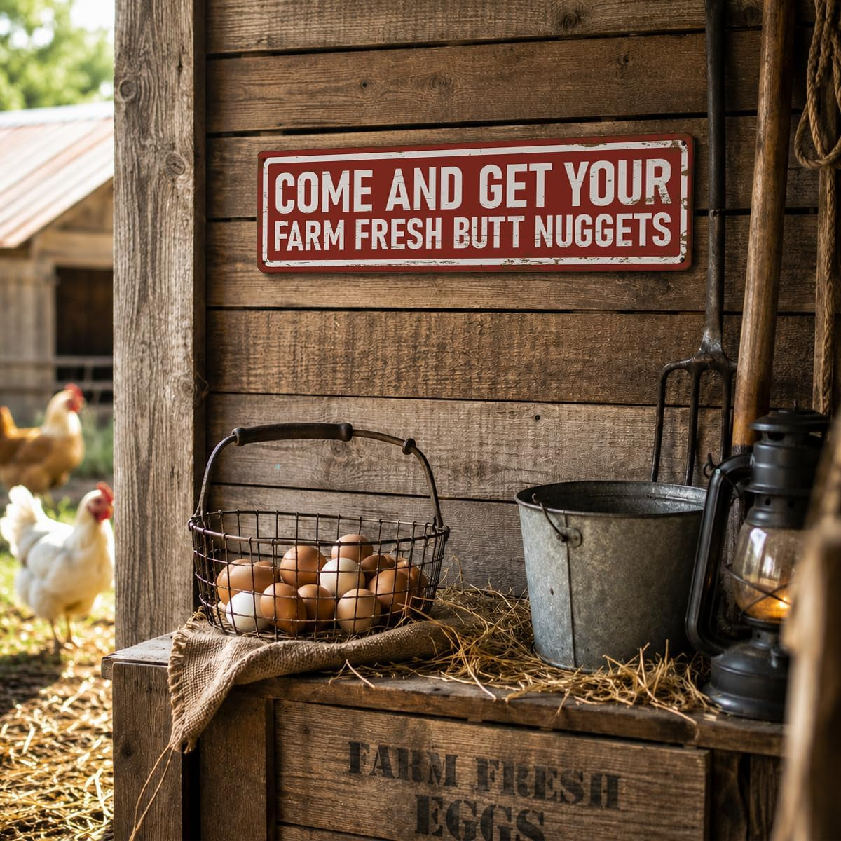 Rustic Farmhouse Style Chicken Coop Sign, Metal Outdoor Chicken House Signs, Farm Fresh Butt Nuggets Signs, Retro Metal Tin Sign, Farmhouse Decor, Backyard Hen House Gift 15.8X4 Inch