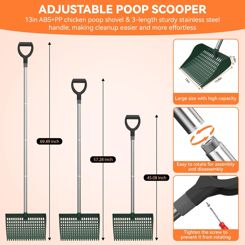 Chicken Poop Scooper & Rake 2-In-1, Chicken Coop Accessories with 13In Wider PP Head & Adjustable Stainless Steel Handle, 33''-69'' Pooper Scooper Sand Sifting Shovel Litter for Small Farm Animals