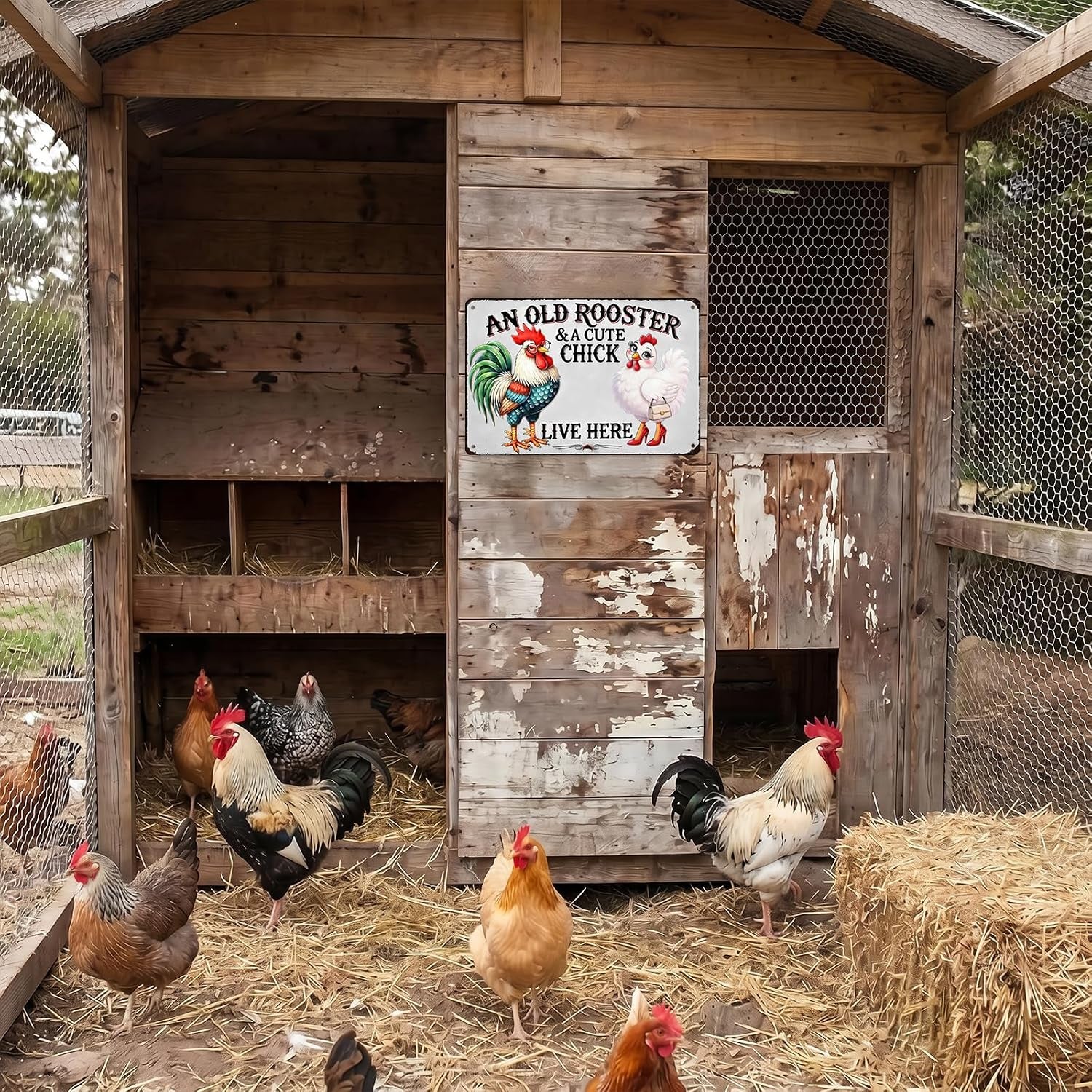 Chicken Lover Gift Idea - Humorous Metal Coop Sign, Farm Animal Tin Art for Home, Kitchen, Garden, 8X12 Inch Vintage Style Decorative Plaque with Holes