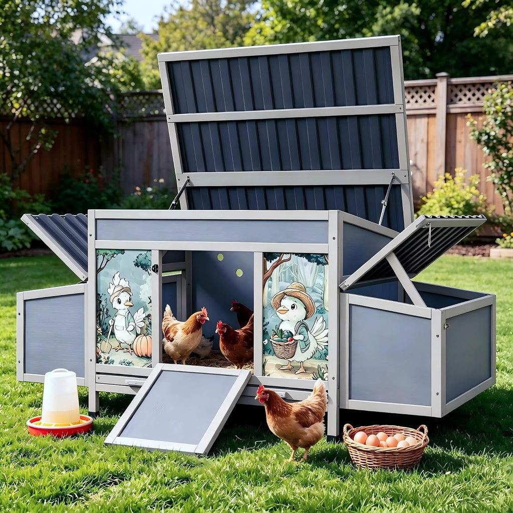 Wooden Chicken Coop with Nesting Boxes, 59'' Large Outdoor Poultry Hutch for Backyard, Weatherproof Hen House with Easy-Clean Tray, Ventilated Chicken Cage for Ducks & Rabbits, Gray