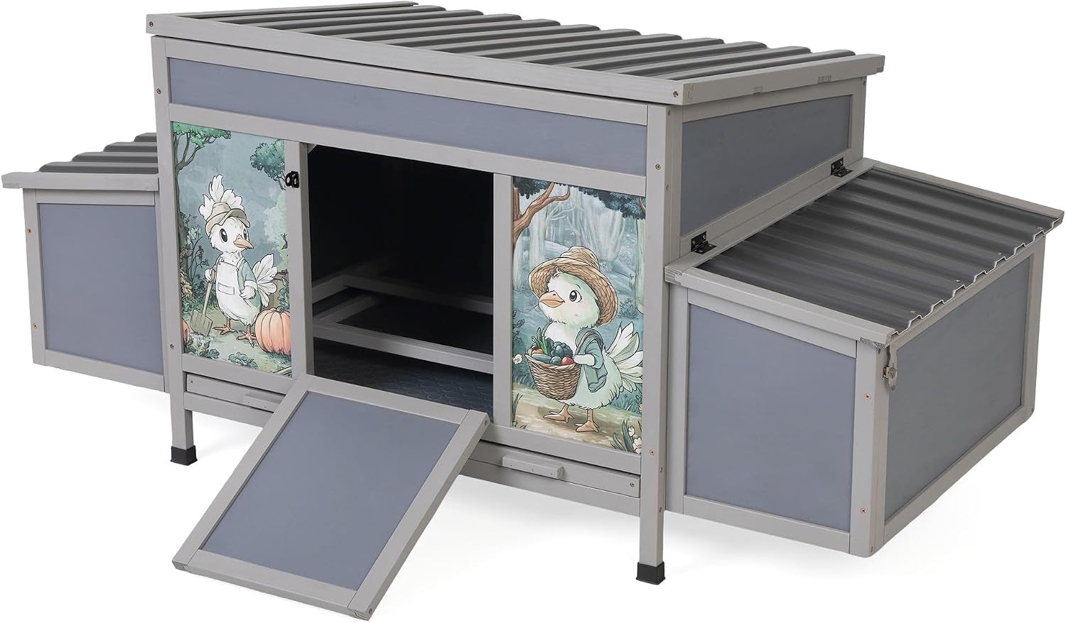 Wooden Chicken Coop with Nesting Boxes, 59'' Large Outdoor Poultry Hutch for Backyard, Weatherproof Hen House with Easy-Clean Tray, Ventilated Chicken Cage for Ducks & Rabbits, Gray