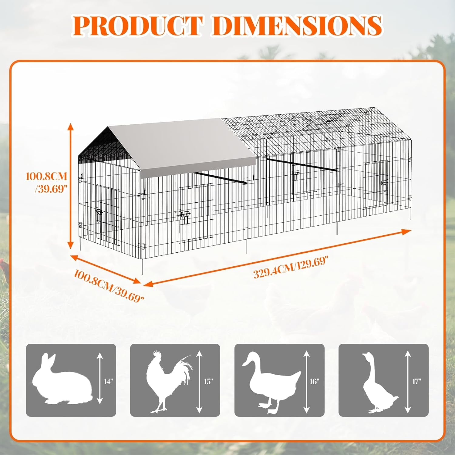 Metal Chicken Coop with Waterproof & Anti-Uv Cover, Portable Chicken Run for Yard, Poultry Cage Hen House for Backyard Farm Use, 130 in L X 40 in W X 40 in H