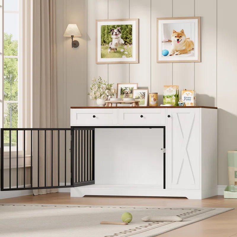 Ansel 47.2" Dog Kennel Console Table | Wooden Crate Furniture with 2 Storage Drawers & Feed Cabinet