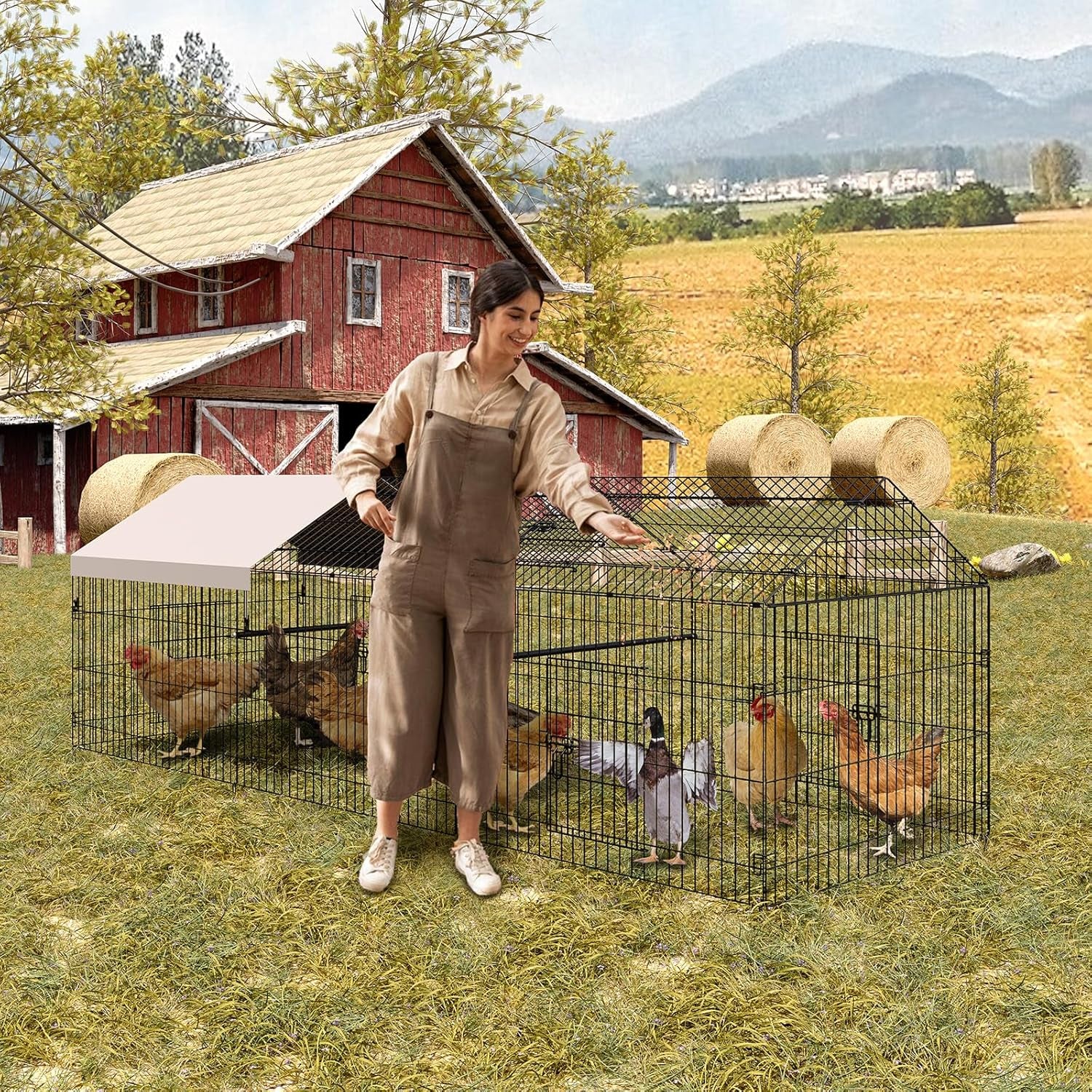 Metal Chicken Coop with Waterproof & Anti-Uv Cover, Portable Chicken Run for Yard, Poultry Cage Hen House for Backyard Farm Use, 130 in L X 40 in W X 40 in H