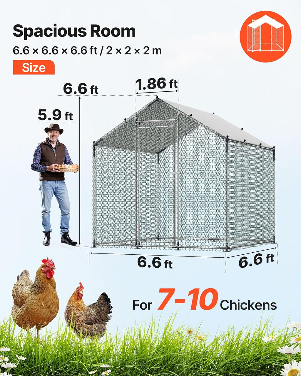 Metal Chicken Coop, 6.56X6.56X6.56Ft Large Walk-In Chicken Runs with Cover, Spire Roof Hen House Enclosure with Security Lock, Outdoor Duck Rabbit Cage Poultry Pen for Backyard, Farm, Yard