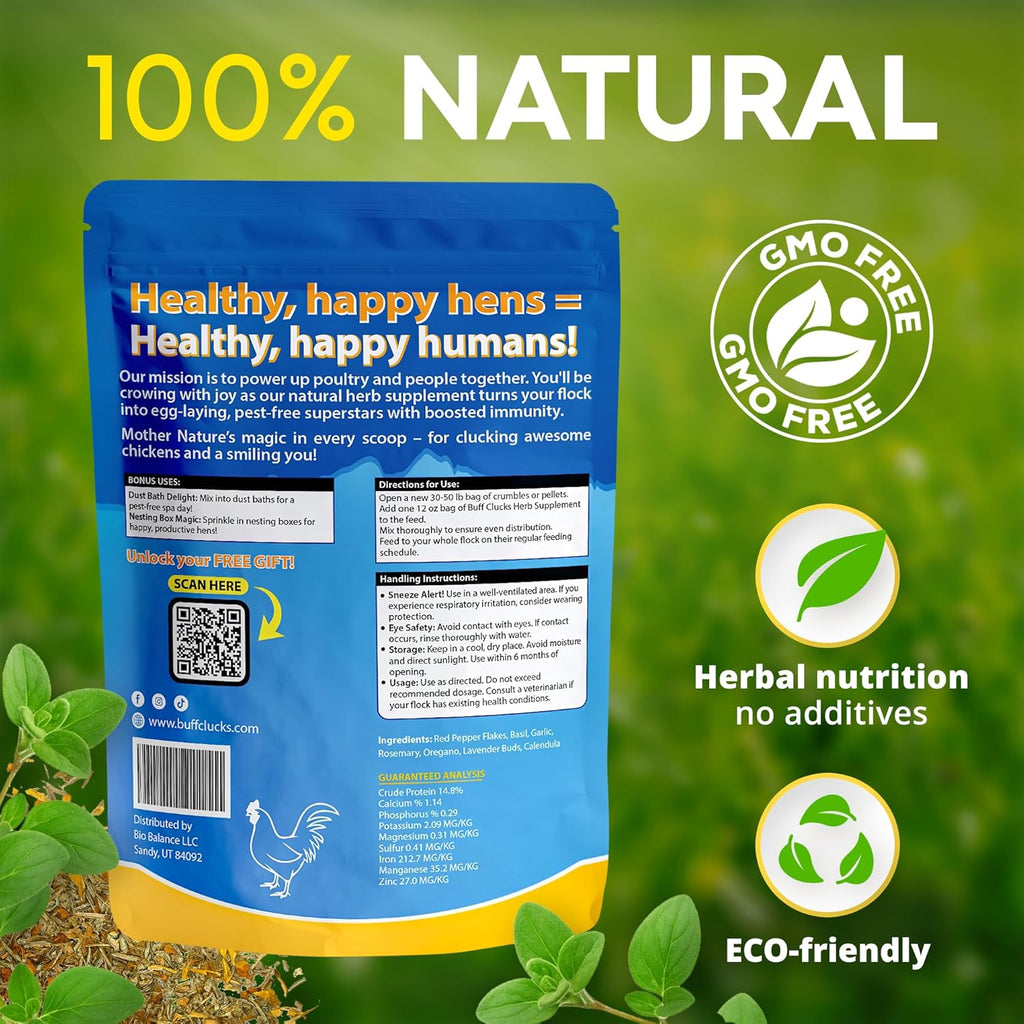 Herb Supplement for Backyard Chickens - Natural Chicken Treats, Poultry Feed Botanical Mix, Plant-Based Coop Snacks for Daily Wellness, Feather Quality, Egg Production, USA (12 Oz)