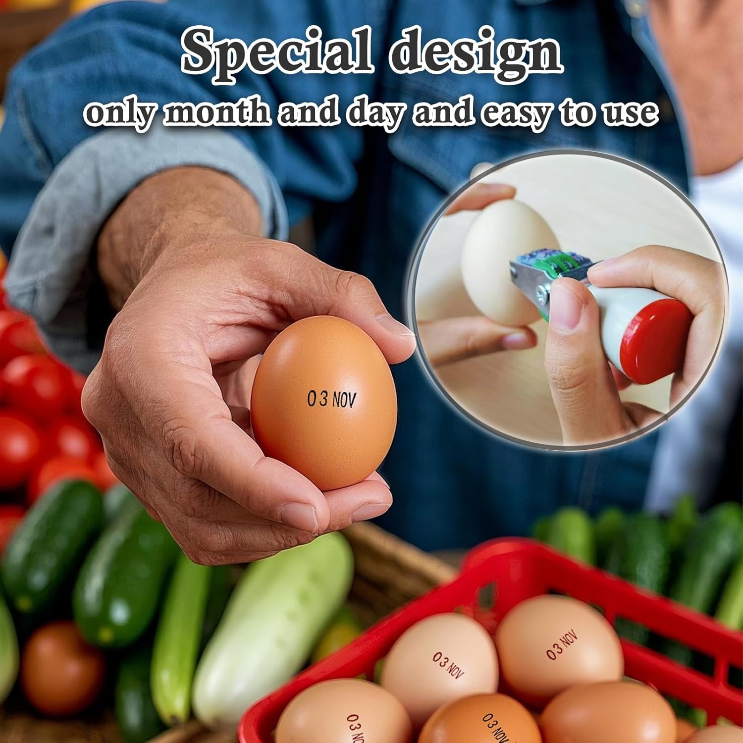 Egg Dater Kit, 1 Date Stamp（Month&Day）, 1 Red Fade-Resistant Ink, 50 Farm Fresh Eggs Instructions, for Chicken Duck Turkey Goose Eggs