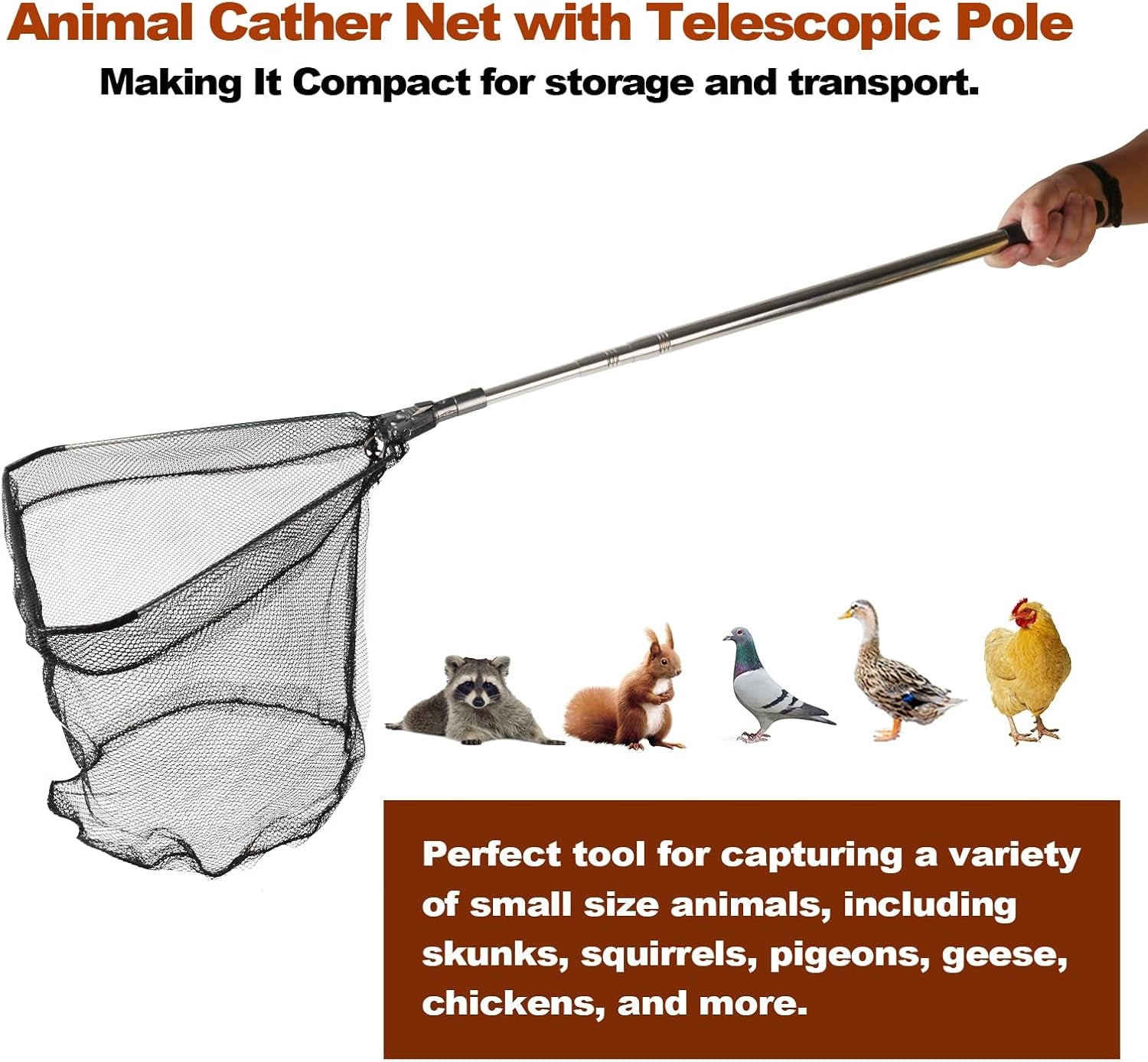 Chicken Catching Net, Animal Net with Extendable 46 Inch Stainless Steel Pole, Chicken Nets for Chickens, Ducks, Birds Cats, Dogs，Fishnet, Chicken Catcher for Poultry Supplies