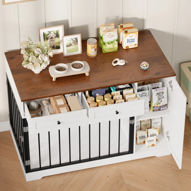 Ansel 47.2" Dog Kennel Console Table | Wooden Crate Furniture with 2 Storage Drawers & Feed Cabinet