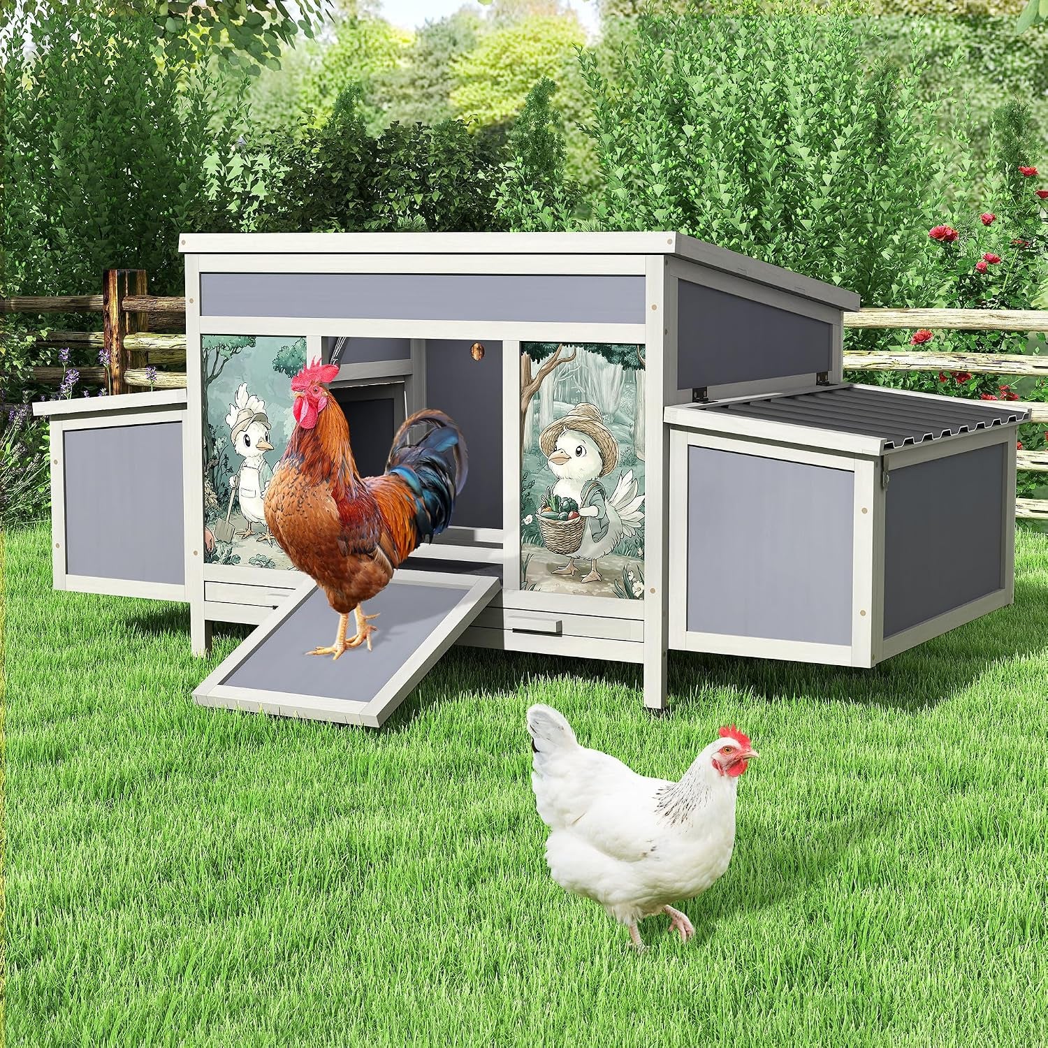 Wooden Chicken Coop with Nesting Boxes, 59'' Large Outdoor Poultry Hutch for Backyard, Weatherproof Hen House with Easy-Clean Tray, Ventilated Chicken Cage for Ducks & Rabbits, Gray