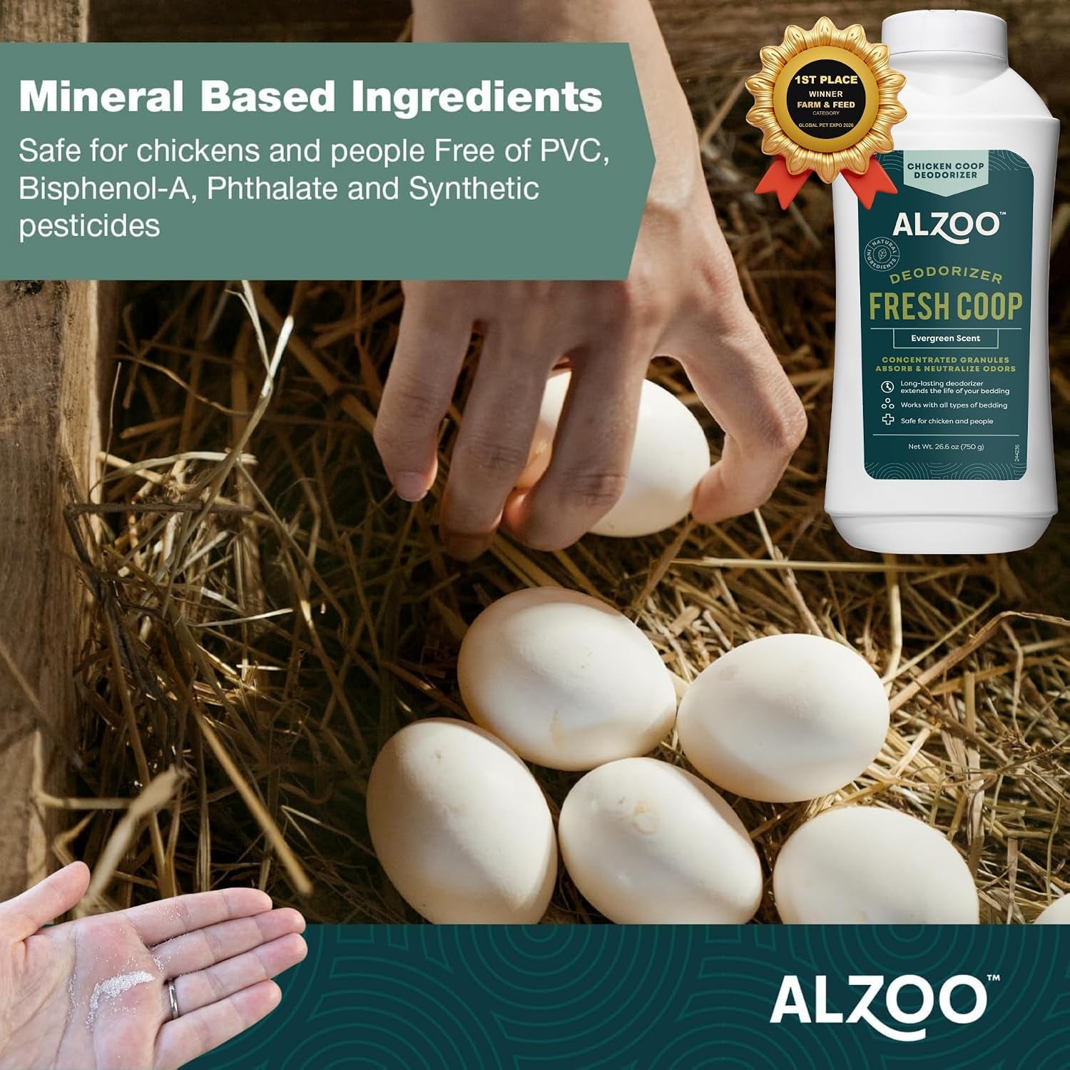 My Fresh Coop Chicken Coop Deodorizer – Concentrated Mineral-Based Odor Control Granules for Backyard Chickens, Helps Keep Bedding Fresh Longer, Evergreen Scent, 26.6 Oz, Pack of 2