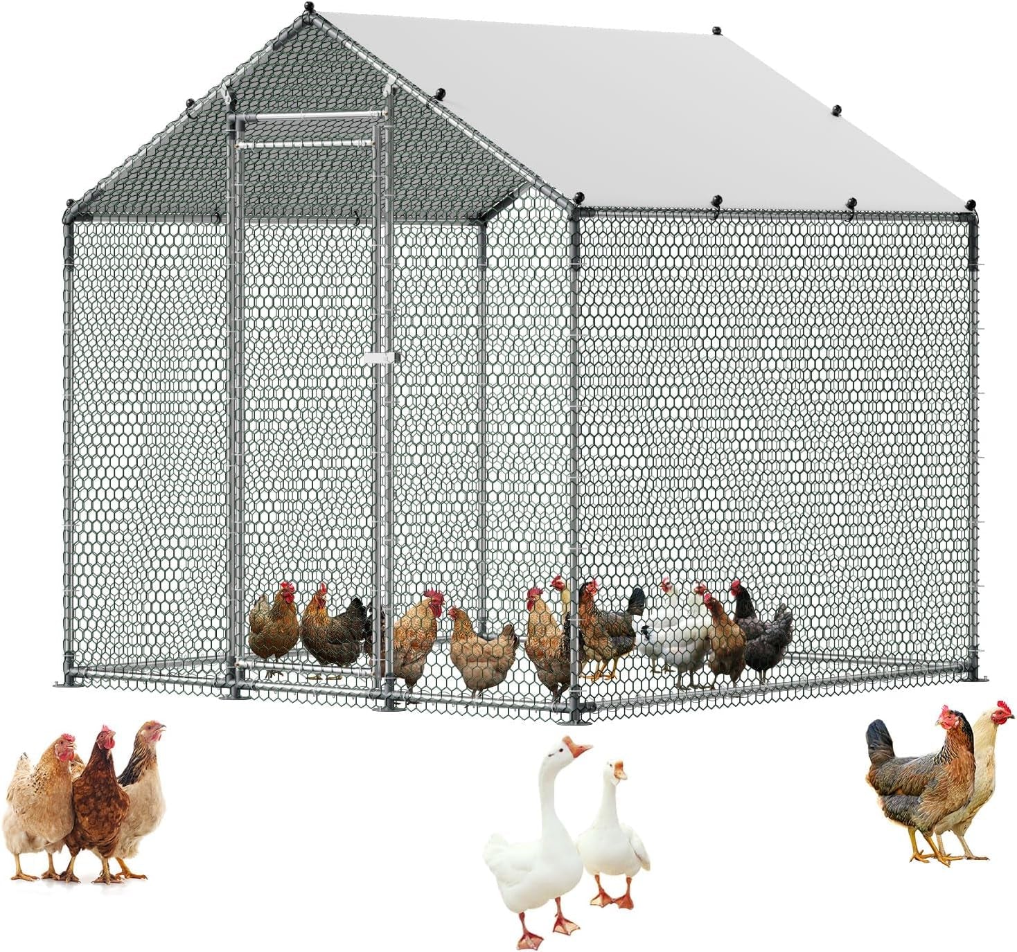 Metal Chicken Coop, 6.56X6.56X6.56Ft Large Walk-In Chicken Runs with Cover, Spire Roof Hen House Enclosure with Security Lock, Outdoor Duck Rabbit Cage Poultry Pen for Backyard, Farm, Yard