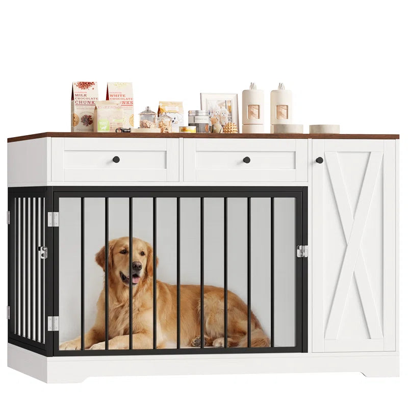 Ansel 47.2" Dog Kennel Console Table | Wooden Crate Furniture with 2 Storage Drawers & Feed Cabinet