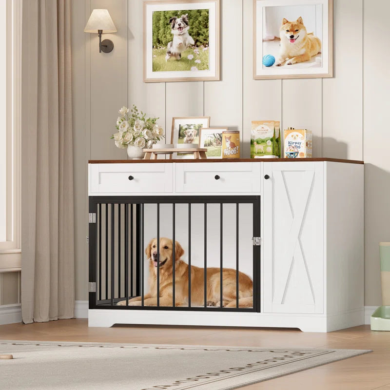 Ansel 47.2" Dog Kennel Console Table | Wooden Crate Furniture with 2 Storage Drawers & Feed Cabinet