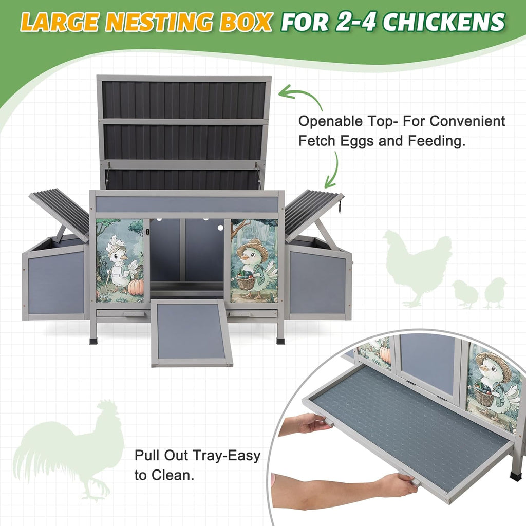 Wooden Chicken Coop with Nesting Boxes, 59'' Large Outdoor Poultry Hutch for Backyard, Weatherproof Hen House with Easy-Clean Tray, Ventilated Chicken Cage for Ducks & Rabbits, Gray