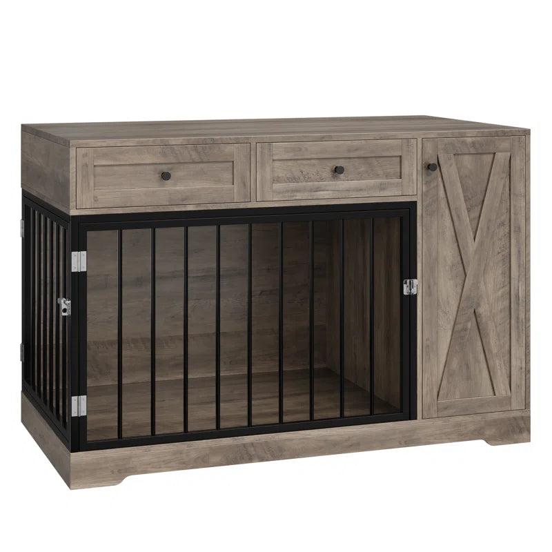 Ansel 47.2" Dog Kennel Console Table | Wooden Crate Furniture with 2 Storage Drawers & Feed Cabinet