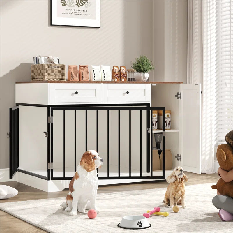 Ansel 47.2" Dog Kennel Console Table | Wooden Crate Furniture with 2 Storage Drawers & Feed Cabinet