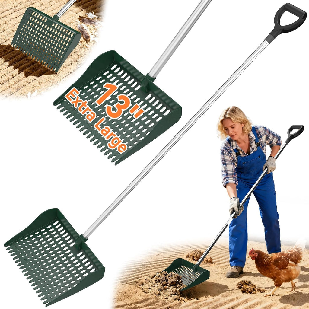 Chicken Poop Scooper & Rake 2-In-1, Chicken Coop Accessories with 13In Wider PP Head & Adjustable Stainless Steel Handle, 33''-69'' Pooper Scooper Sand Sifting Shovel Litter for Small Farm Animals