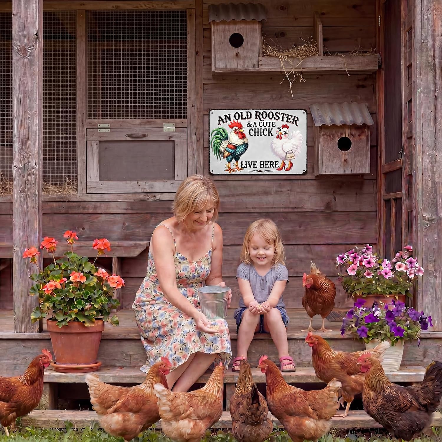 Chicken Lover Gift Idea - Humorous Metal Coop Sign, Farm Animal Tin Art for Home, Kitchen, Garden, 8X12 Inch Vintage Style Decorative Plaque with Holes