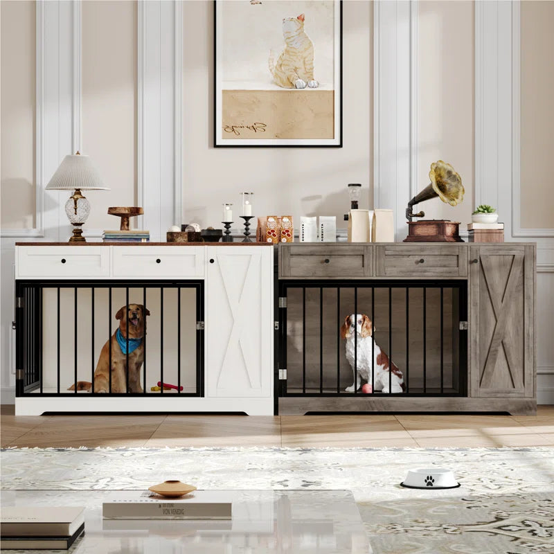 Ansel 47.2" Dog Kennel Console Table | Wooden Crate Furniture with 2 Storage Drawers & Feed Cabinet