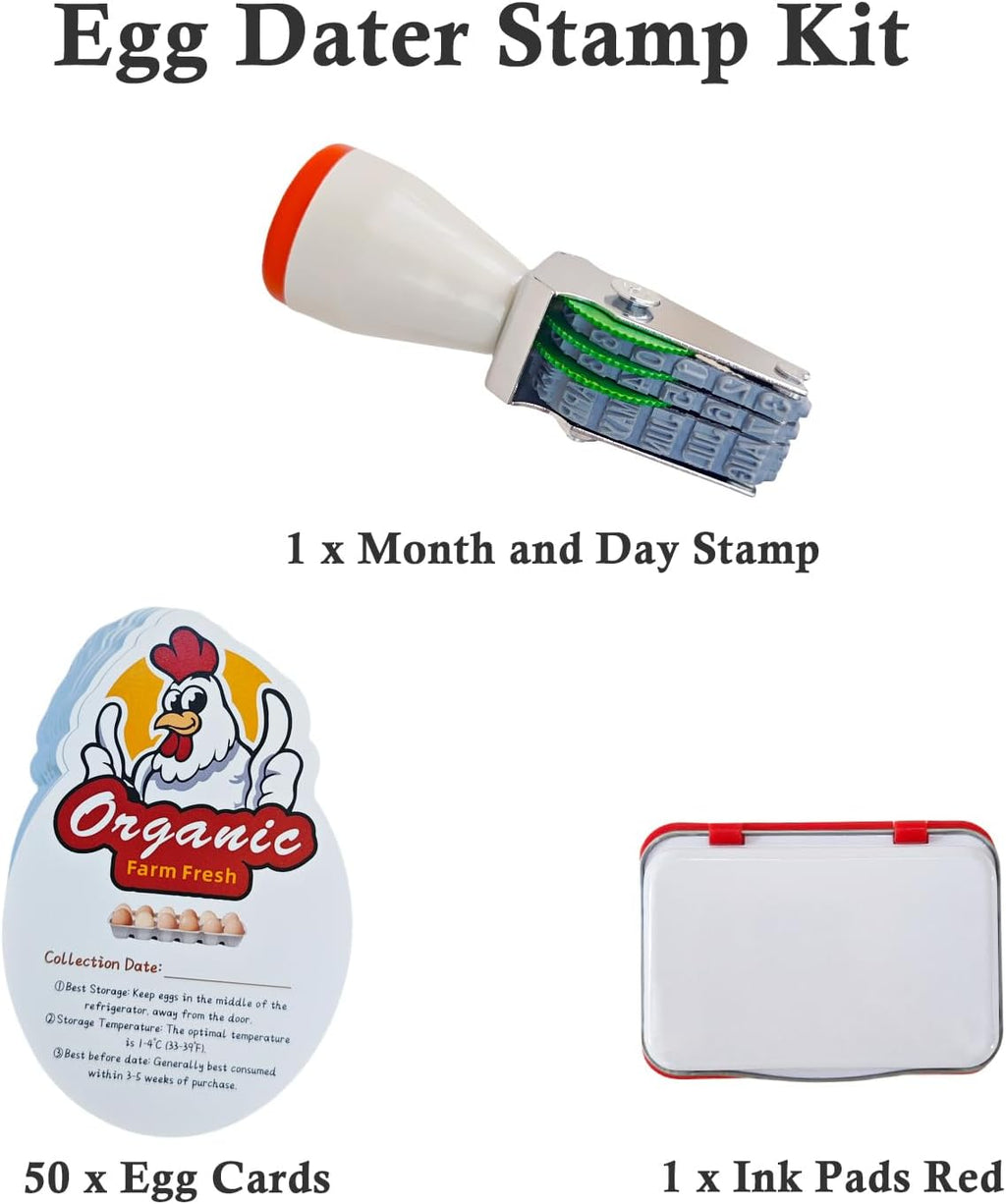 Egg Dater Kit, 1 Date Stamp（Month&Day）, 1 Red Fade-Resistant Ink, 50 Farm Fresh Eggs Instructions, for Chicken Duck Turkey Goose Eggs