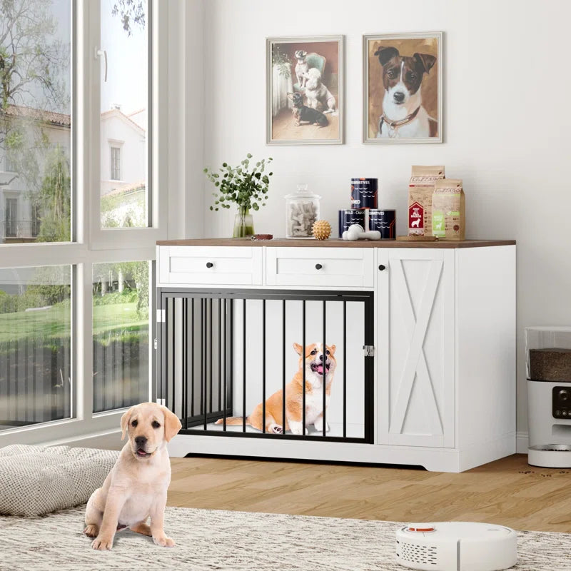 Ansel 47.2" Dog Kennel Console Table | Wooden Crate Furniture with 2 Storage Drawers & Feed Cabinet
