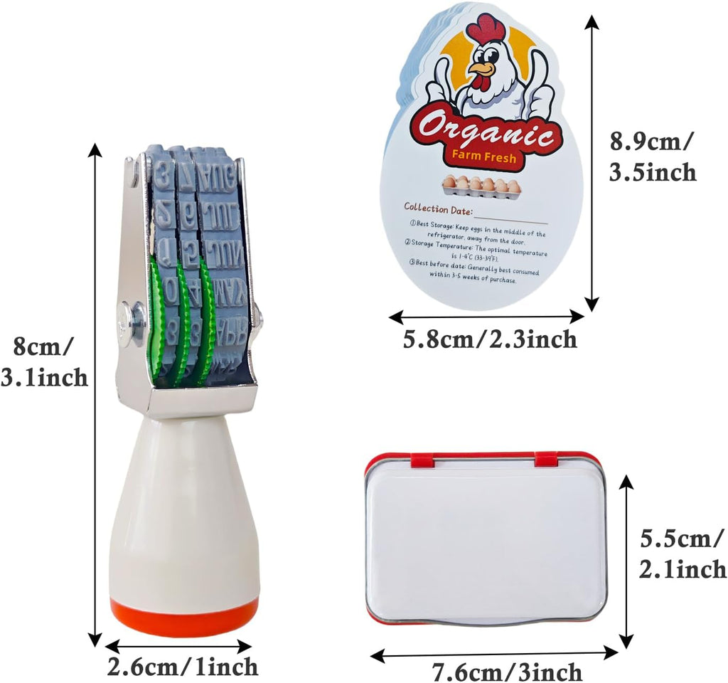 Egg Dater Kit, 1 Date Stamp（Month&Day）, 1 Red Fade-Resistant Ink, 50 Farm Fresh Eggs Instructions, for Chicken Duck Turkey Goose Eggs