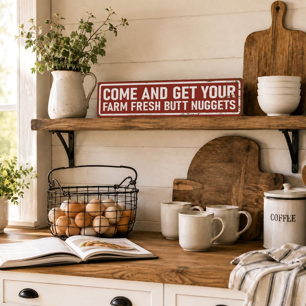 Rustic Farmhouse Style Chicken Coop Sign, Metal Outdoor Chicken House Signs, Farm Fresh Butt Nuggets Signs, Retro Metal Tin Sign, Farmhouse Decor, Backyard Hen House Gift 15.8X4 Inch