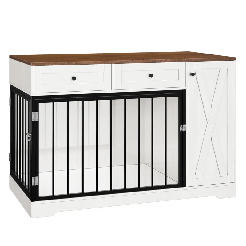 Ansel 47.2" Dog Kennel Console Table | Wooden Crate Furniture with 2 Storage Drawers & Feed Cabinet