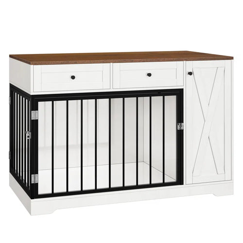 Ansel 47.2" Dog Kennel Console Table | Wooden Crate Furniture with 2 Storage Drawers & Feed Cabinet