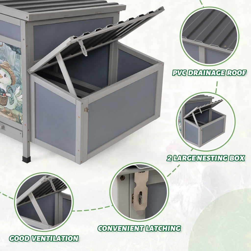 Wooden Chicken Coop with Nesting Boxes, 59'' Large Outdoor Poultry Hutch for Backyard, Weatherproof Hen House with Easy-Clean Tray, Ventilated Chicken Cage for Ducks & Rabbits, Gray