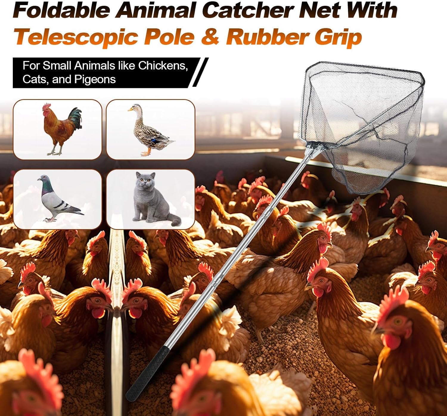 Chicken Catching Net, Animal Net with Extendable 46 Inch Stainless Steel Pole, Chicken Nets for Chickens, Ducks, Birds Cats, Dogs，Fishnet, Chicken Catcher for Poultry Supplies