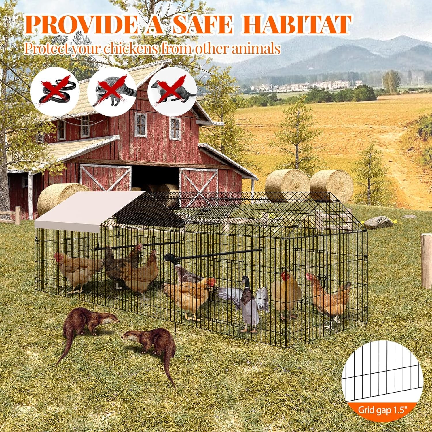Metal Chicken Coop with Waterproof & Anti-Uv Cover, Portable Chicken Run for Yard, Poultry Cage Hen House for Backyard Farm Use, 130 in L X 40 in W X 40 in H