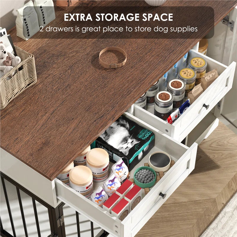 Ansel 47.2" Dog Kennel Console Table | Wooden Crate Furniture with 2 Storage Drawers & Feed Cabinet